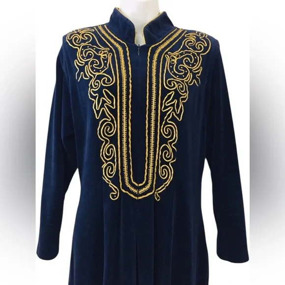 david brown California Dark Blue Velour Hostess Dress House Robe 1970s  Medium